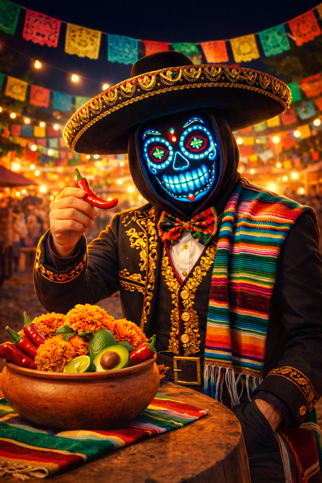 A figure in an embroidered charro suit and sombrero, wearing a glowing neon sugar skull mask, holds a red chili pepper at a colorful fiesta, with marigolds, limes, avocados, and decorative lights in the background.