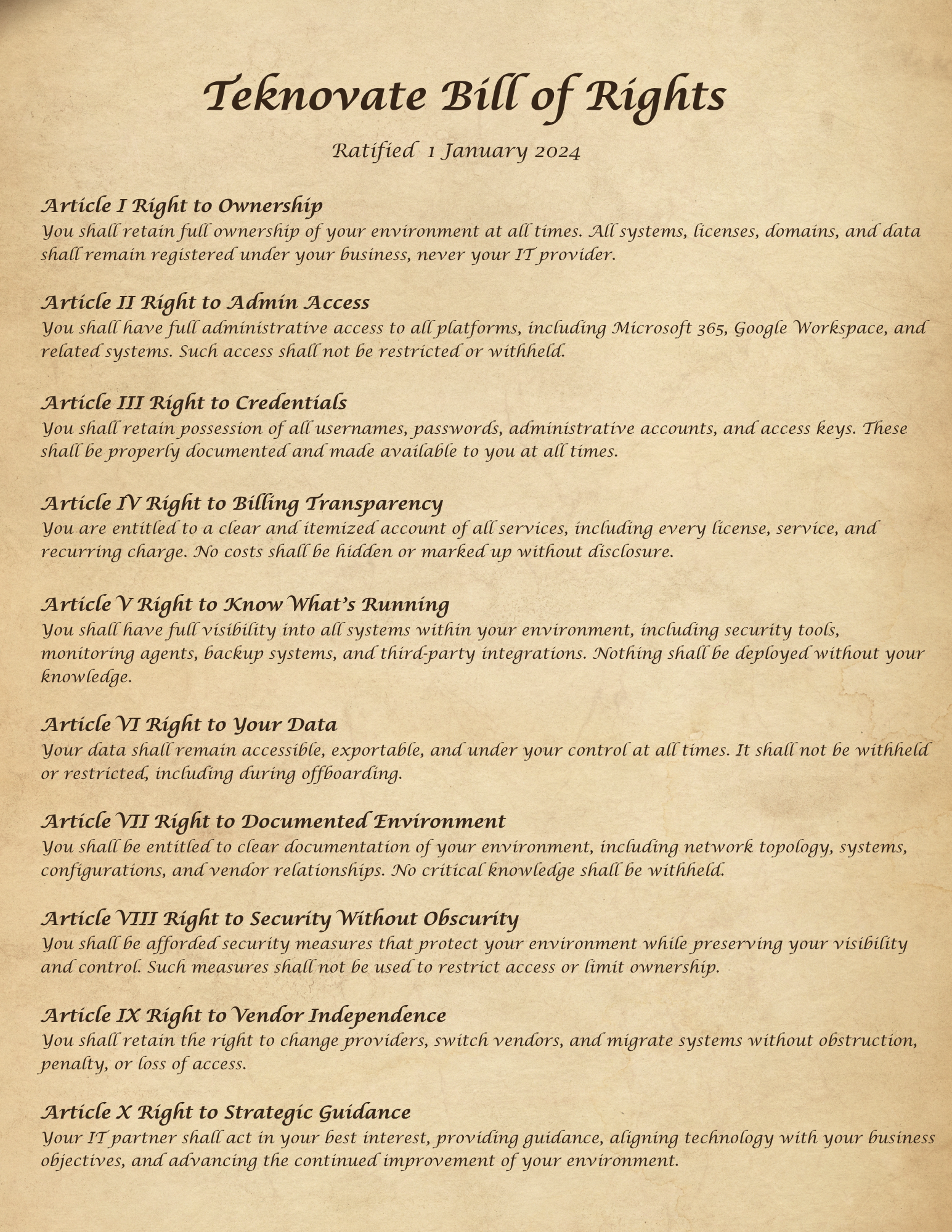 Teknovate Bill of Rights